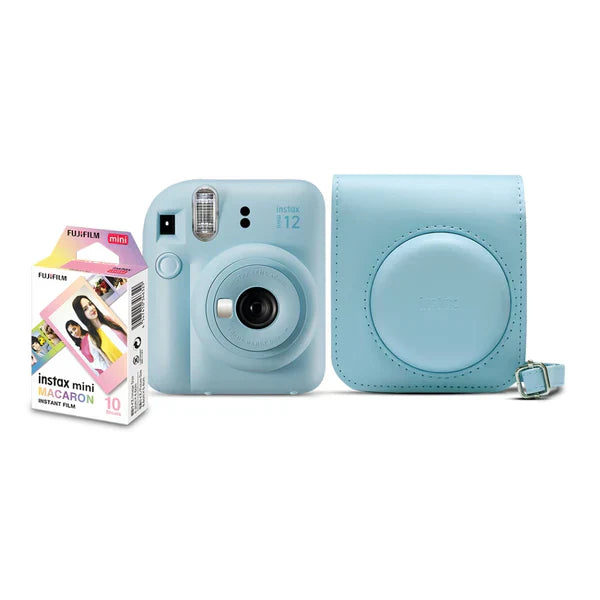 Kit Câmera Instantânea Instax Mini 12 Azul + Pack 10 filmes Macaron + Bolsa Azul Candy